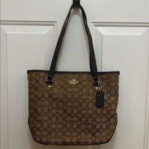 Coach Tan and Brown jacquard Signature Tote with matching zipper wallet